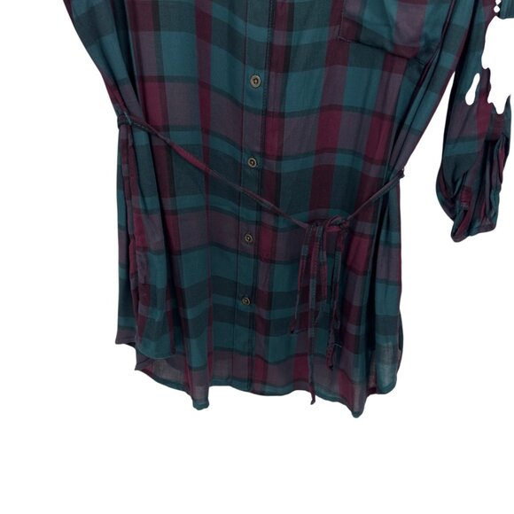 Faded Glory Womens Plaid Tunic Shirt SZ XXL (20)Teal & Burgundy Adj Waist Tie - Picture 3 of 11